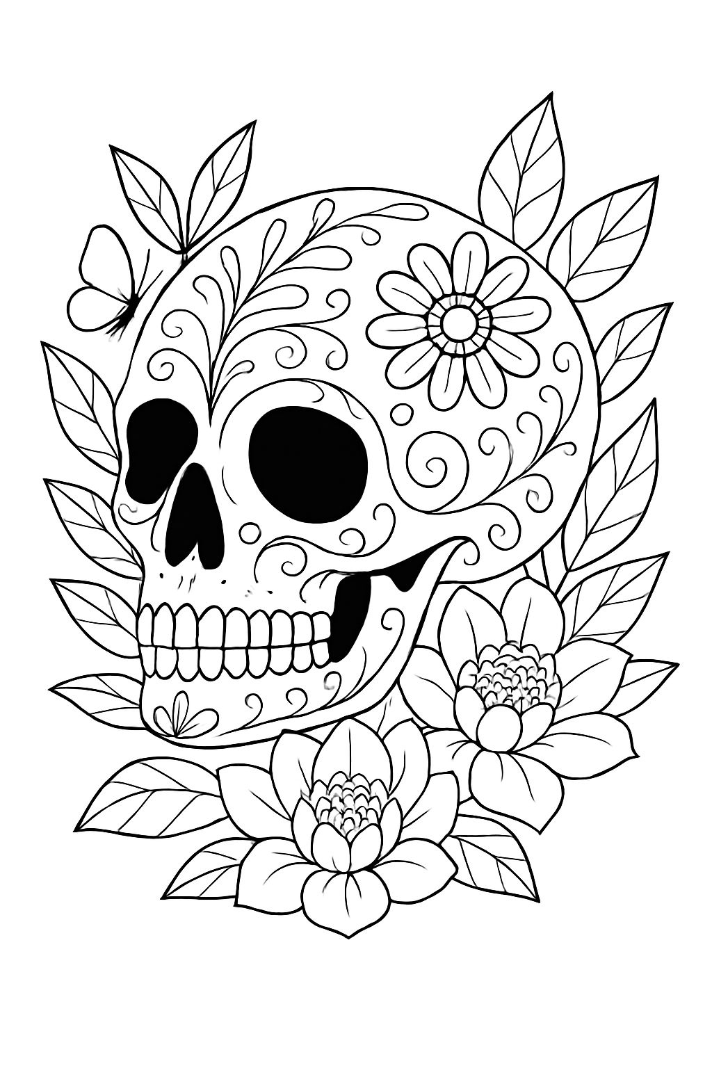Intricate Dia de los Muertos Skull Floral Design Coloring Page