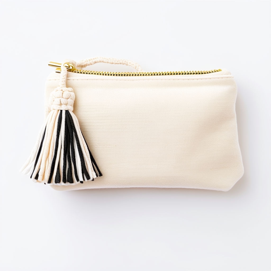 Textured Off-White Canvas Pouch with Macramé Tassel Mockup