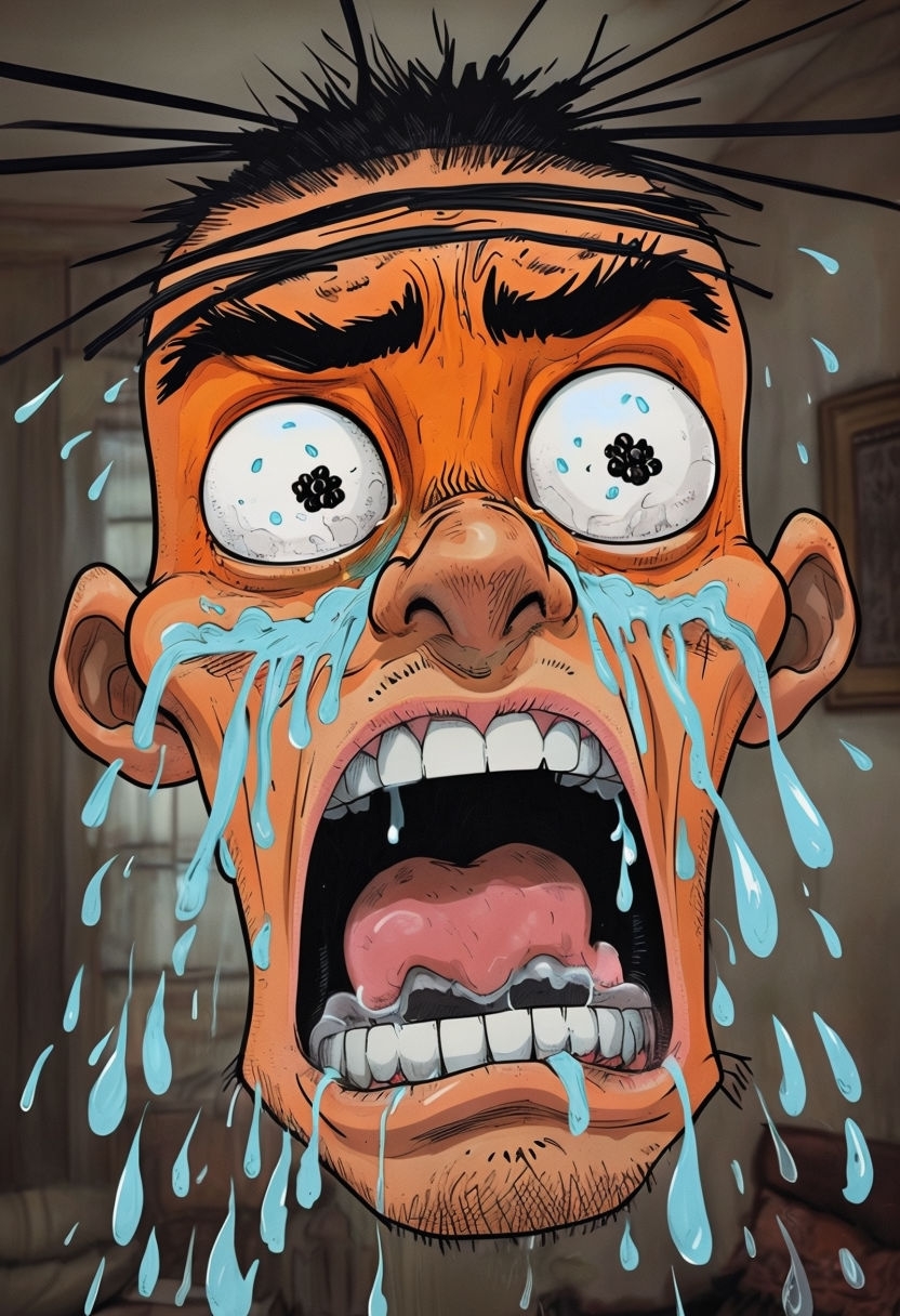 Distressed Cartoon Character with Tears and Exaggerated Features Art