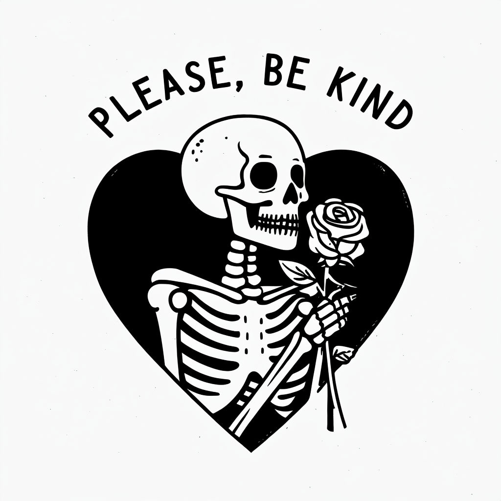 Minimalist Skeleton Holding a Rose with Be Kind Text T-shirt