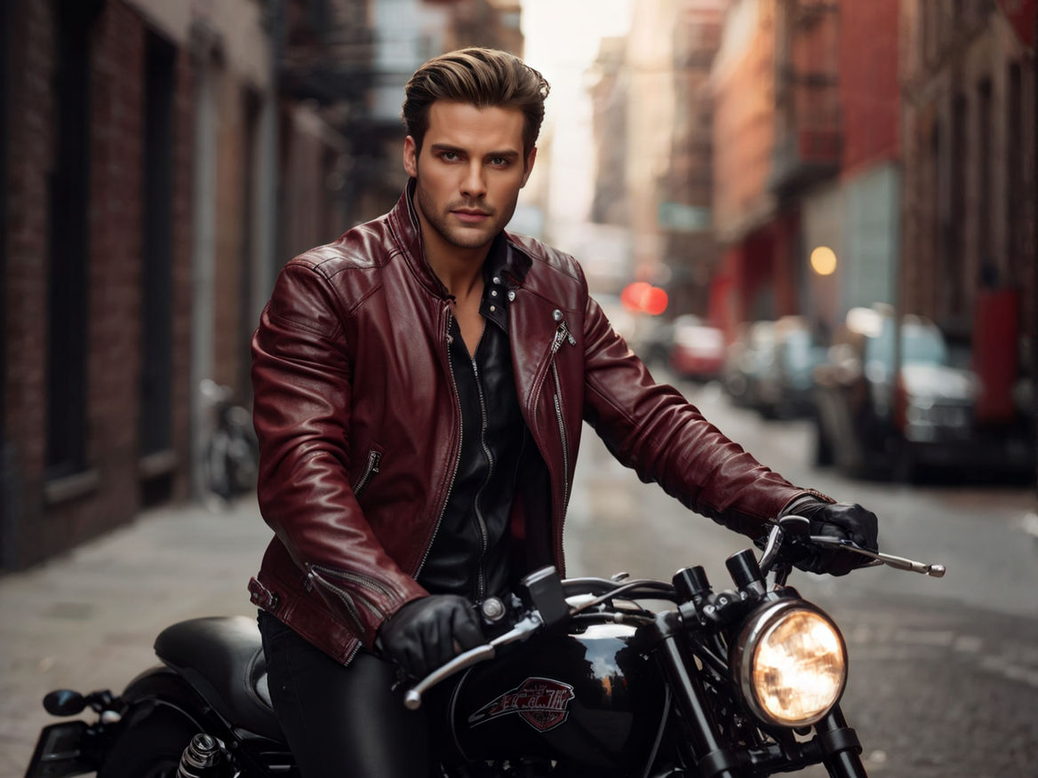 Attack by a shotguns falling bad brunet beautiful biker boy 19 age assassin  tanned skin with full hair in tight Red and black leather jumsuit moto gp  rider leather