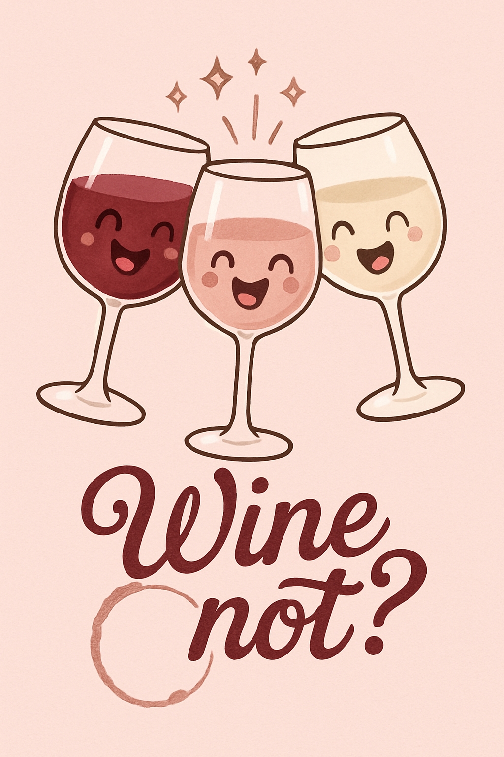 Playful Cartoon Wine Glasses with 'Wine Not?' Quote Card