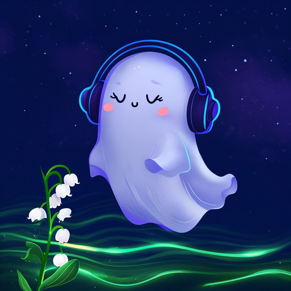 Whimsical Floating Ghost with Headphones in Cosmic Night Sky Spotify Album Cover