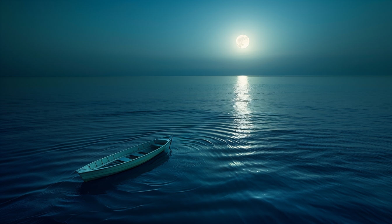 Tranquil Moonlit Rowboat on Deep Blue Ocean Background
