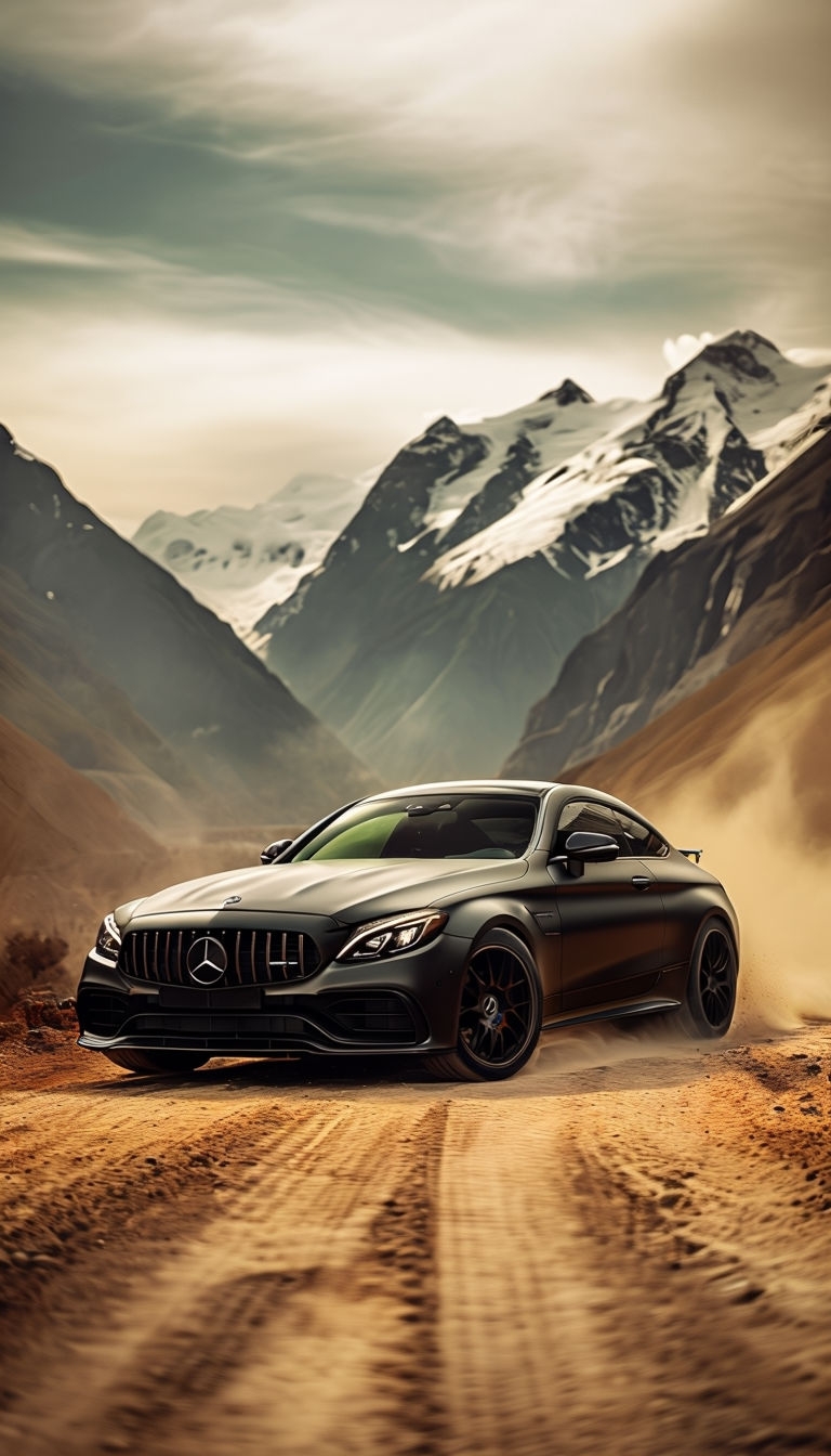 Matte Black Mercedes-AMG C63 S Coupe on Scenic Dirt Road Mobile Wallpaper