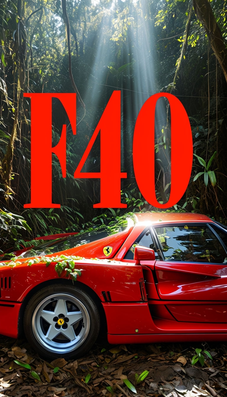 Abandoned Bright Red Ferrari F40 Surrounded by Lush Forest Poster