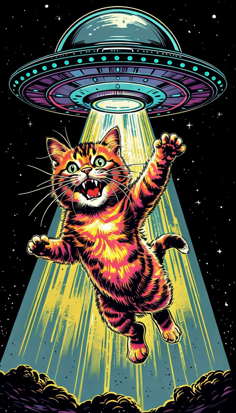 Vibrant Retro Cat Abducted by UFO in Space Illustration Mobile Wallpaper