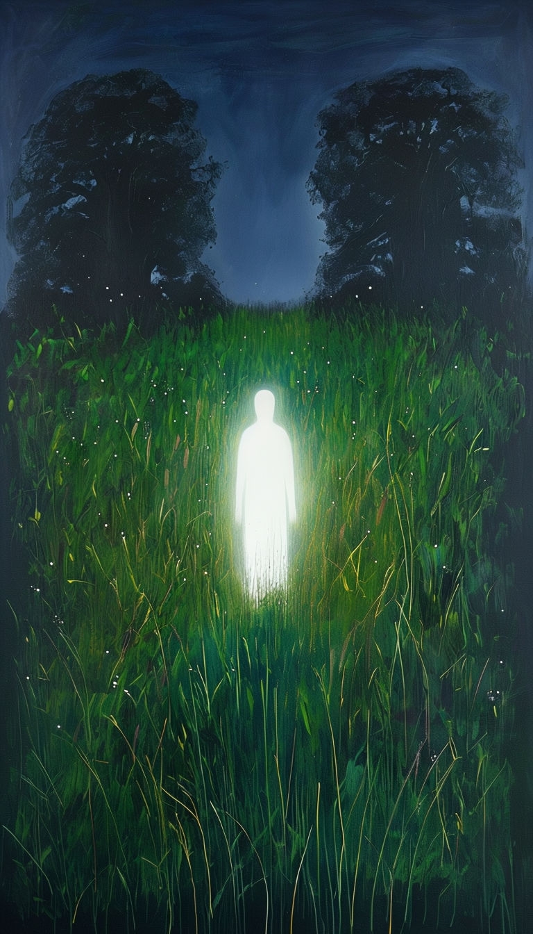 Ethereal Glowing Figure in Grassy Field Mobile Wallpaper
