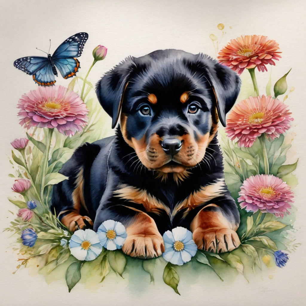 Prompt: This enchanting watercolor and pencil illustration depicts a whimsical  Rottweiler puppy. The dog's delicate form is intricately crafted from a variety of vibrant flowers, with no visible boundaries between the petals. The harmonious color combination of the flowers stands in stark contrast to the blank canvas, drawing the viewer's eye to the enchanting subject. This otherworldly scene creates an ethereal and mesmerizing atmosphere that takes the viewer into a magical realm. artstation, sharp focus, studio photography, intricate detail, highly detailed, greg rutkowski's trends Translated with DeepL.com (free version), trending on artstation, sharp focus, studio photo, intricate details, highly detailed, by greg rutkowski