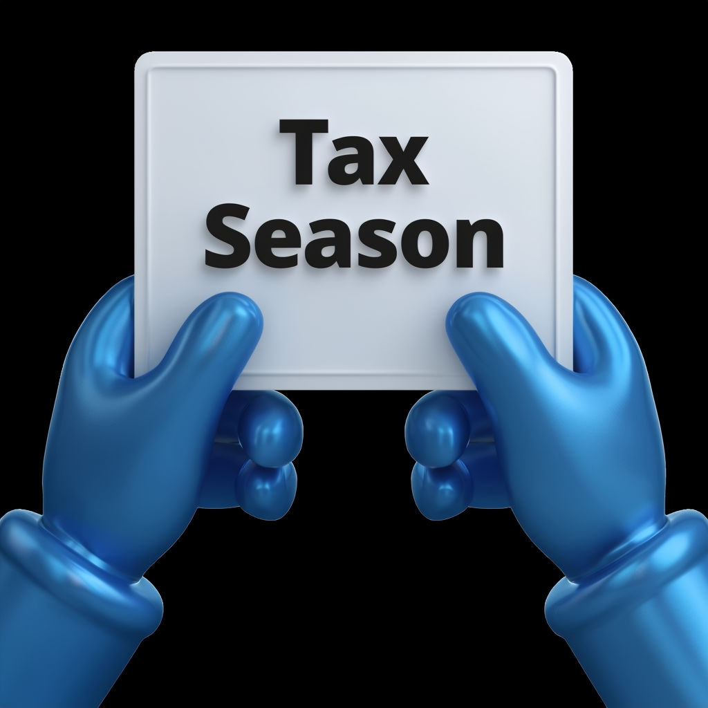 Glossy Blue Robotic Hands Holding Tax Season Sign Poster