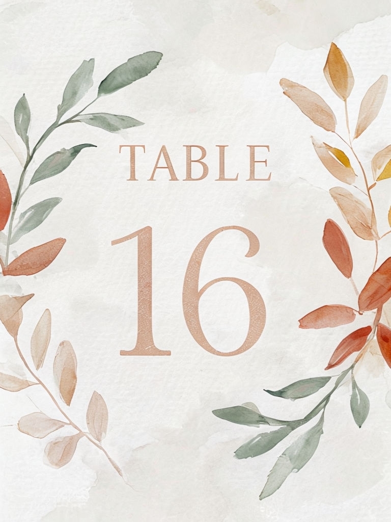 Artisanal Table Number Sign with Soft Pastel and Leaf Design Event Sign