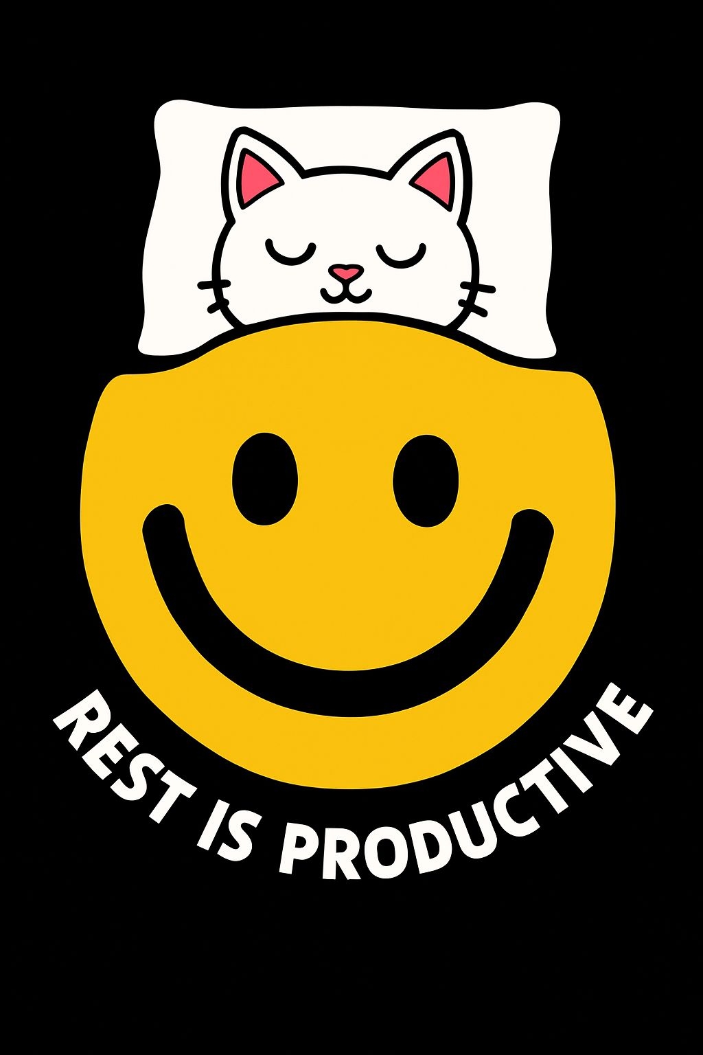 Cute White Cat on Smiley Face with Rest is Productive Text Poster