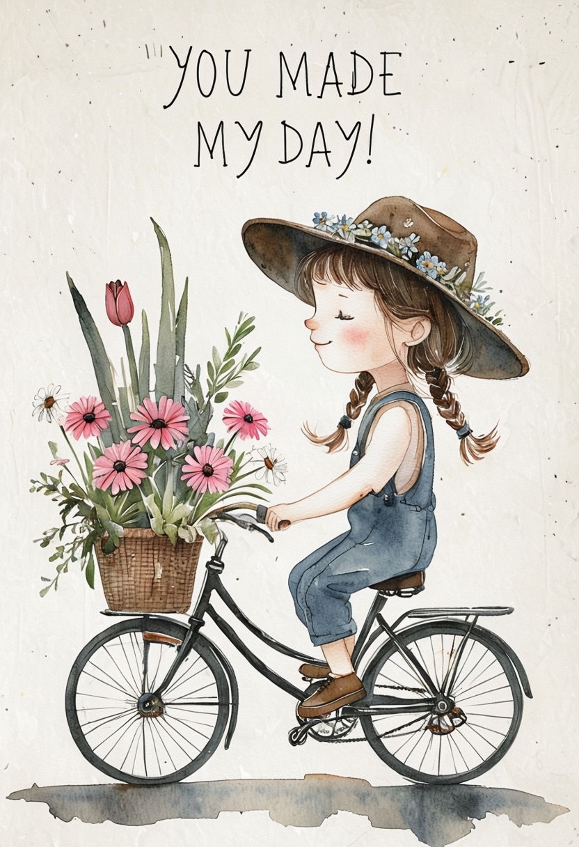 Joyful Girl on Vintage Bicycle Watercolor Artwork Card