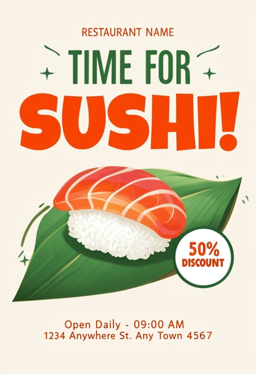 Playful Sushi Restaurant Promotional Poster with Discount Badge