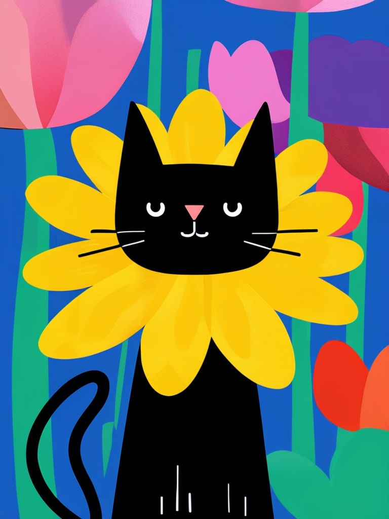 Whimsical Black Cat Surrounded by Colorful Flower Petals Art