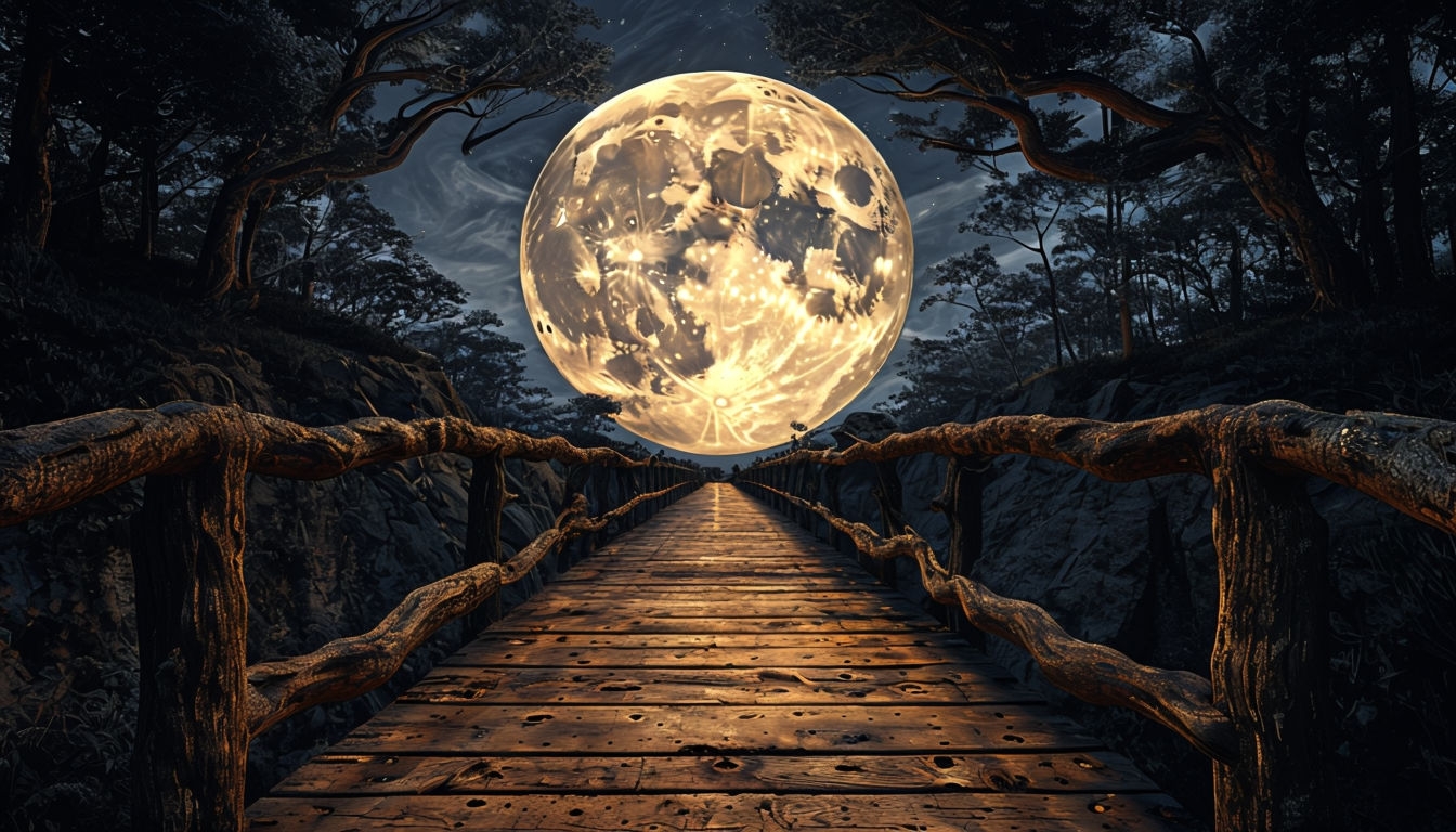 Luminous Moonlit Wooden Bridge in Enchanted Night Forest Background