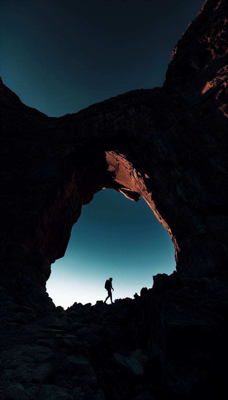 Dramatic Twilight Landscape with Hiker and Rock Arch Mobile Wallpaper