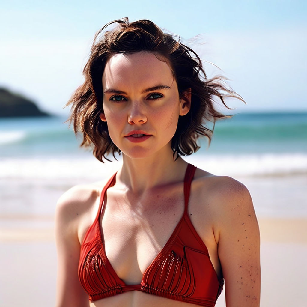 Daisy Ridley wearing a bikini showing her body which should be