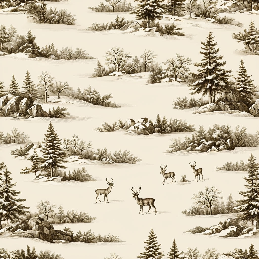 Vintage Serene Winter Landscape with Deer Seamless Pattern