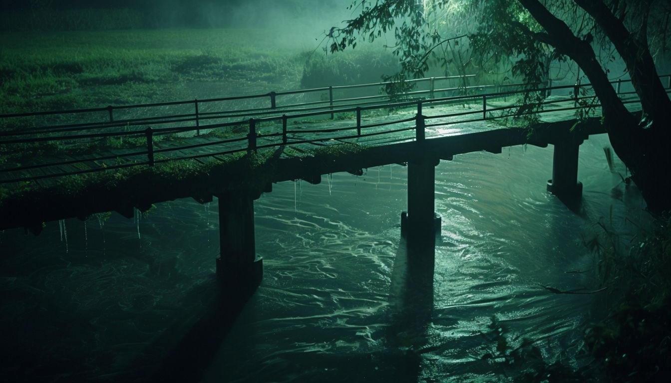 Serene Nighttime Landscape with Wooden Bridge Virtual Background