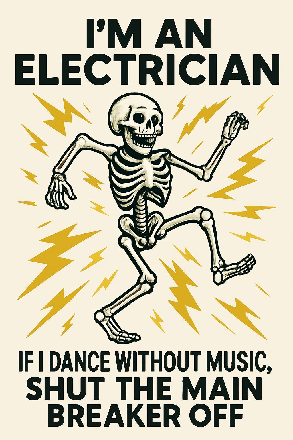 Energetic Dancing Skeleton Cartoon with Electric Humor T-Shirt