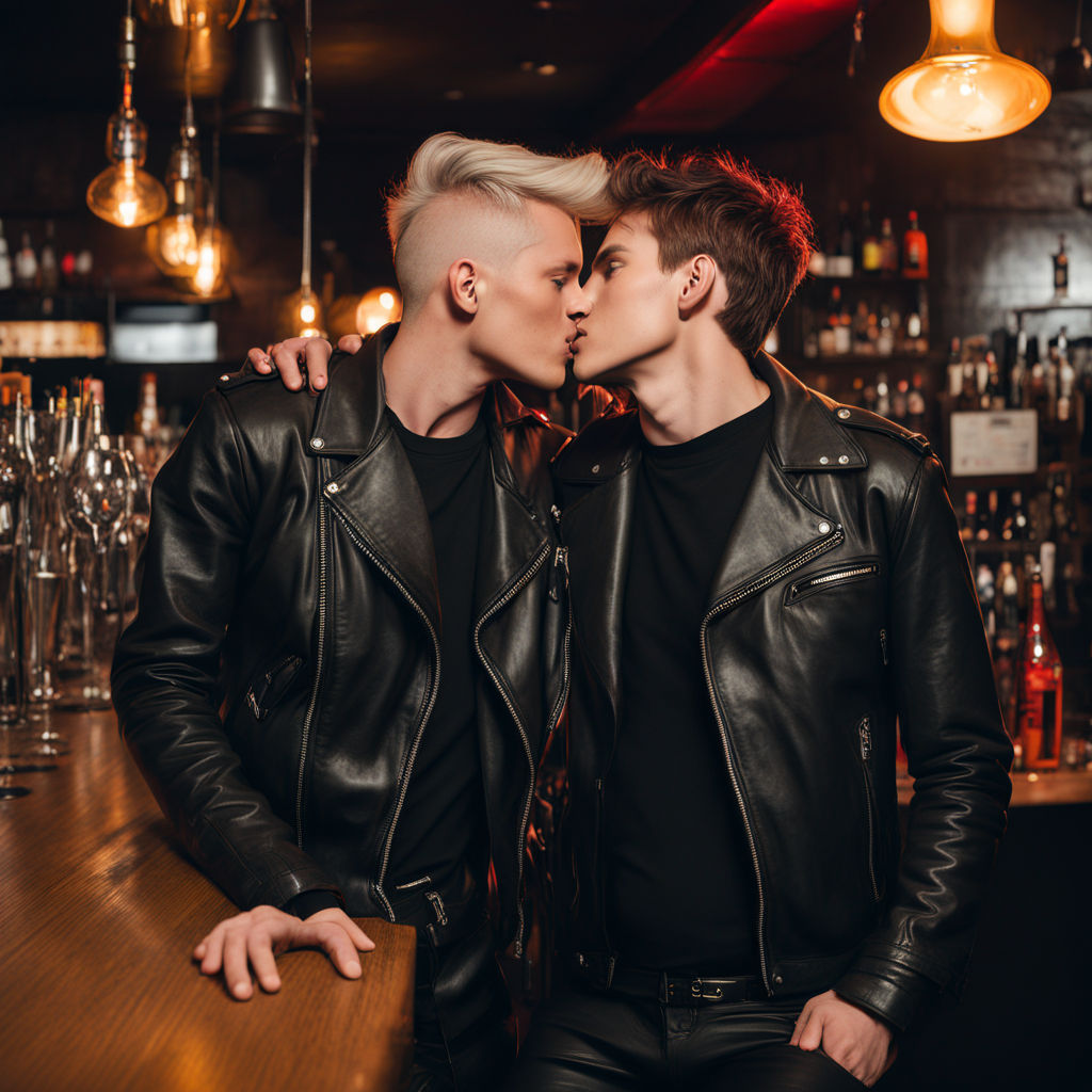 Two teenage male are kissing in a bar. Blond-hair