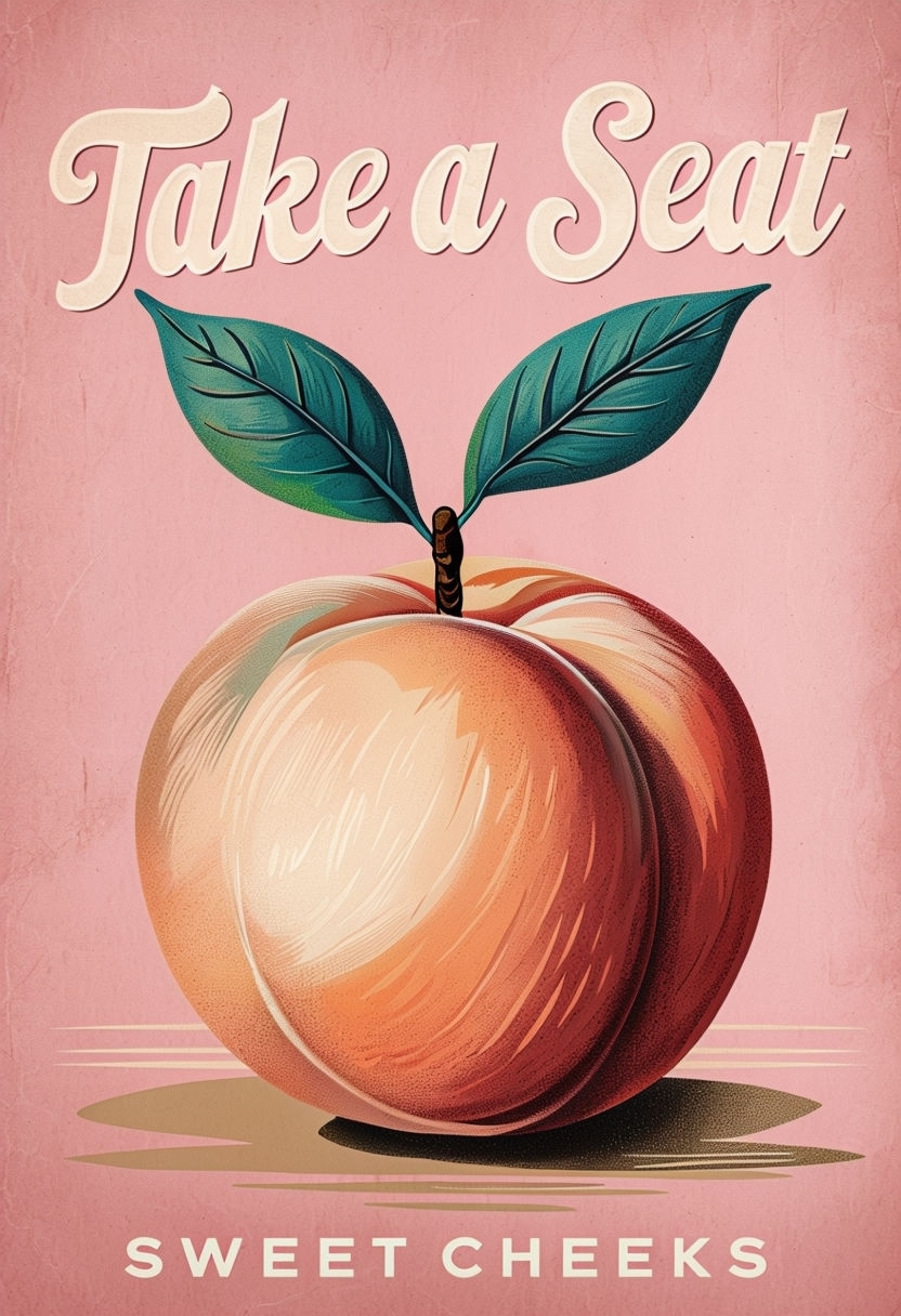 Vintage Peach Illustration with Whimsical 'Take a Seat' Text Poster