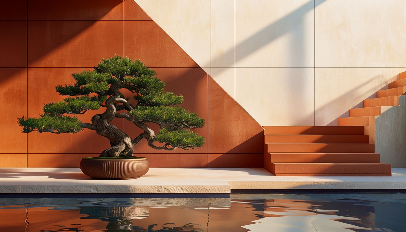 Minimalist Bonsai Tree and Staircase Architectural Scene Virtual Backgrounds