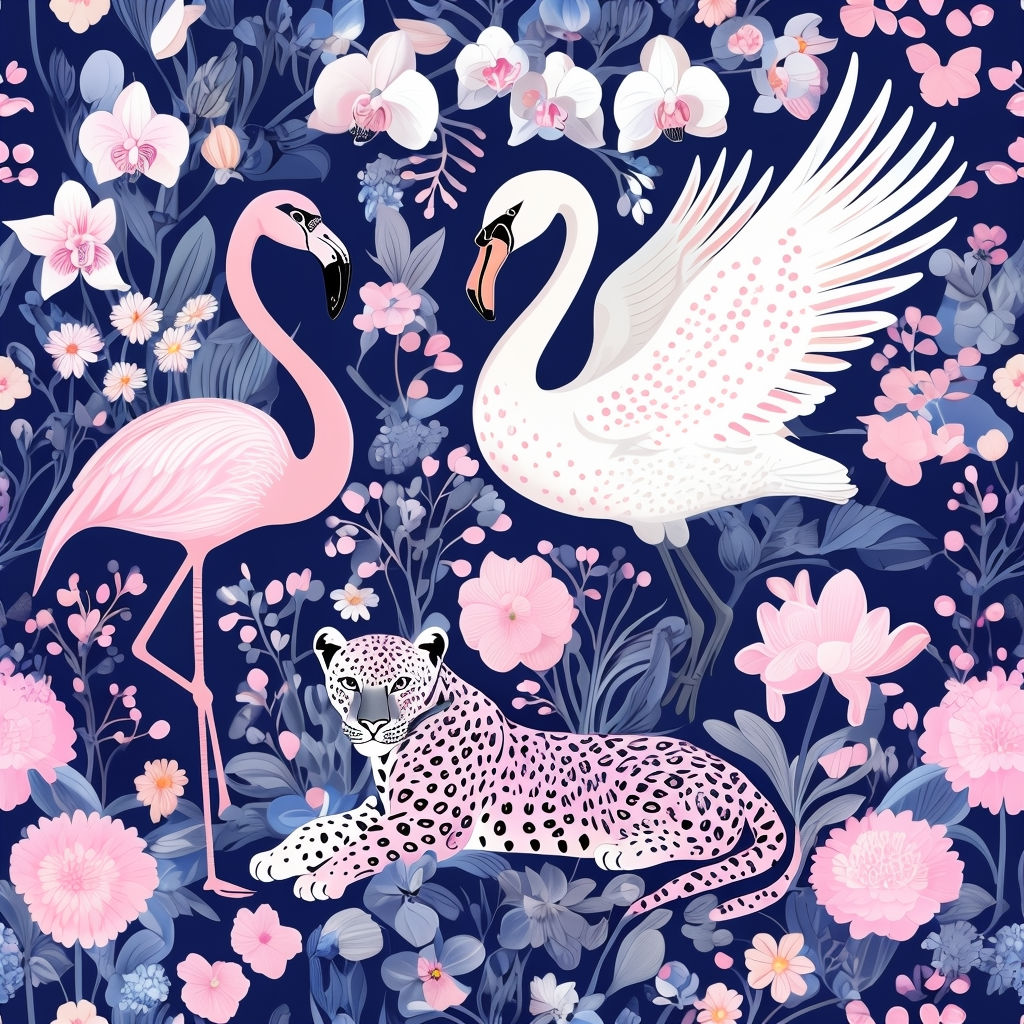 Whimsical Swan and Flamingo Floral Seamless Pattern Design