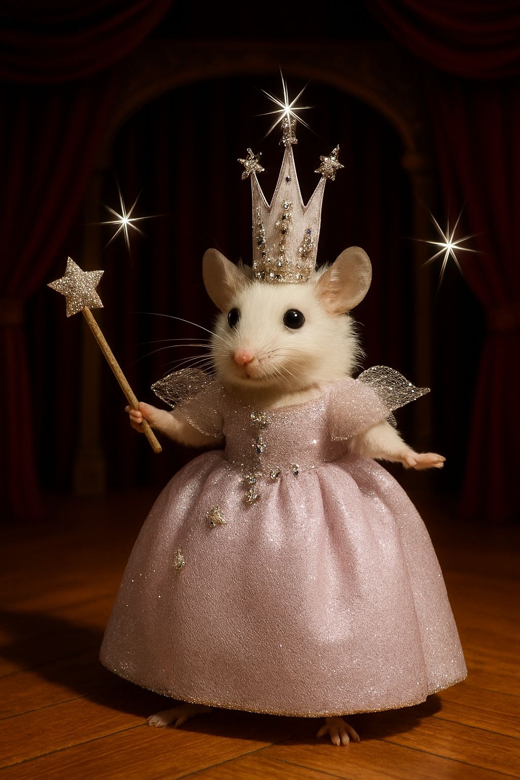 Whimsical Fairy Mouse Portrait with Glittery Dress Art