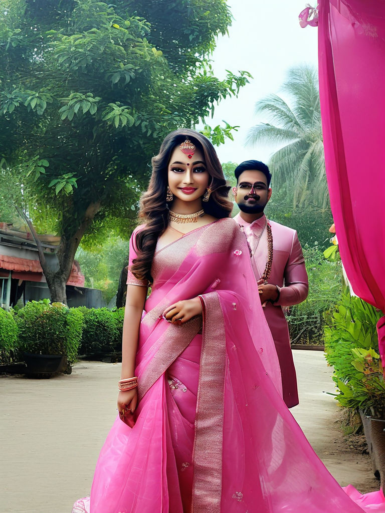 A Girl Dressed In A Pink Saree With His Husband On Left By Anusha A Girl Dressed In A Pink Saree With His Husband On Left By Anusha