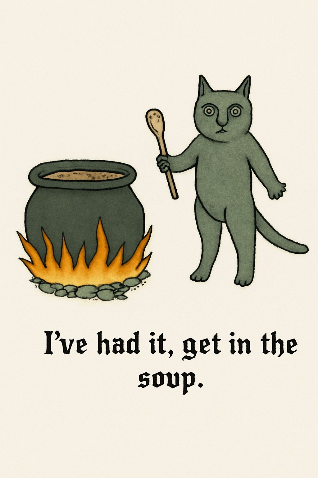 Whimsical Dark Green Cat Cooking Soup Illustration T-Shirt
