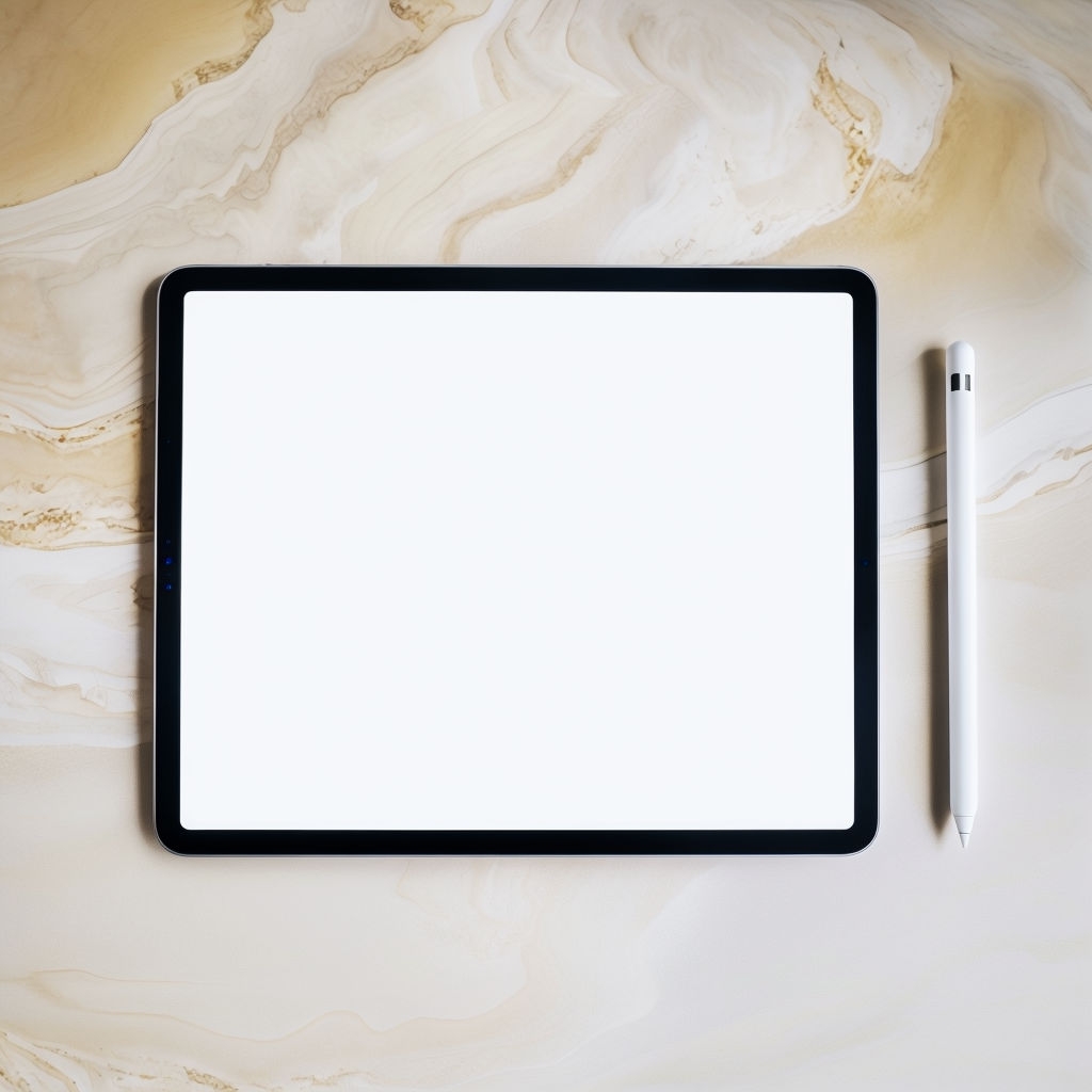 Modern Black Tablet with Stylus on Beige Wood Surface Mockup