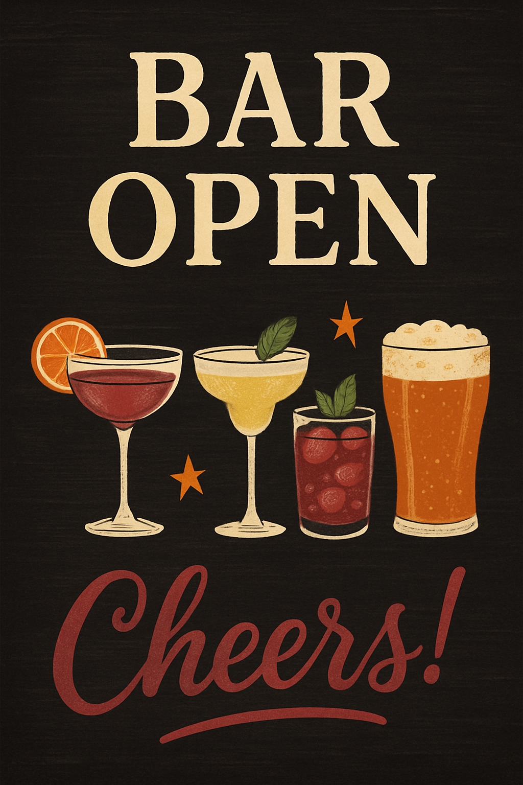 Vintage Bar Open Cocktail Illustration Poster for Event Signs