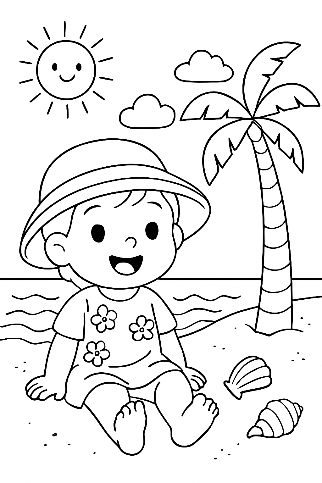 Cheerful Child in a Sunny Beach Scene Coloring Page