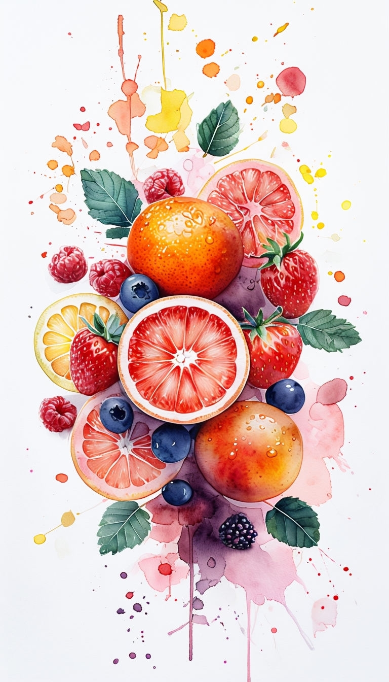 Vibrant Watercolor Fruit Arrangement Art with Fresh Berries and Citrus