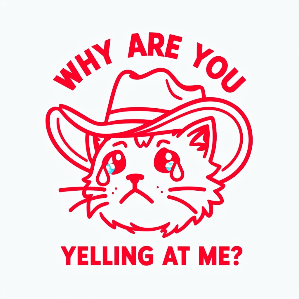 Sad Cartoon Cat with Cowboy Hat and Teary Eyes Sticker