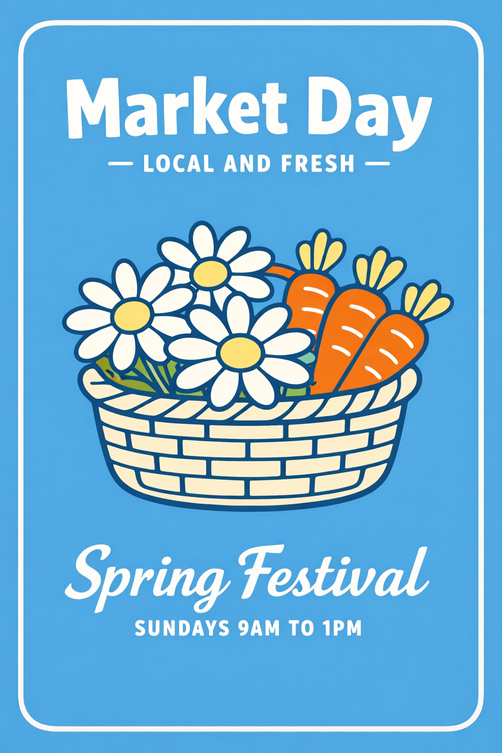 Colorful Market Day Spring Festival Cartoon Poster with Daisies and Carrots Event Sign