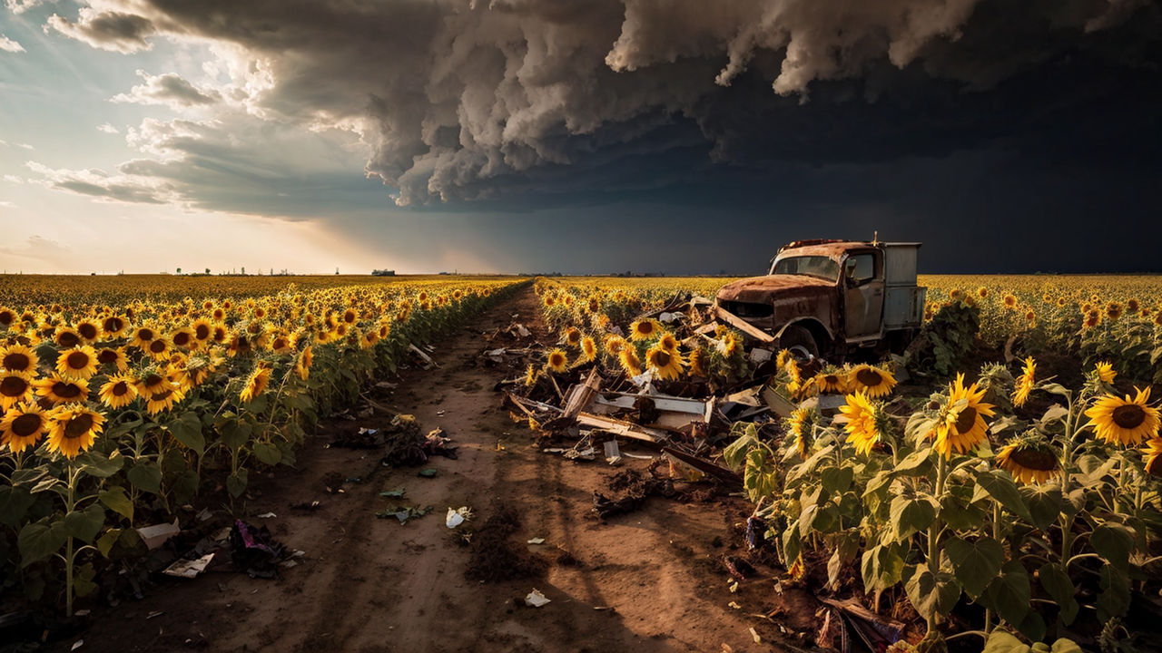 Prompt: sunflowers farm, after the tornado, sunflowers are dead, 
it has turned into a sunflower dump