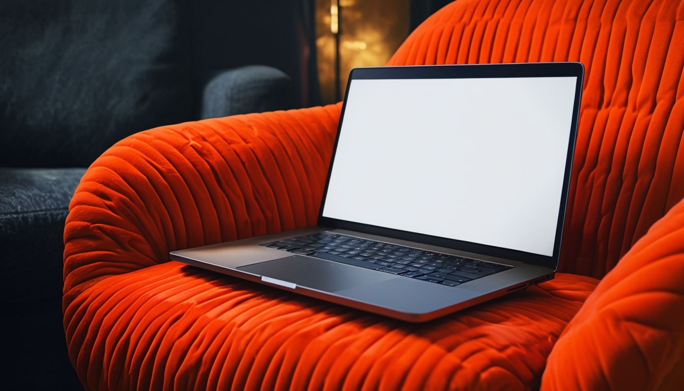 Vibrant Orange Accent Chair with Open Laptop Mockup