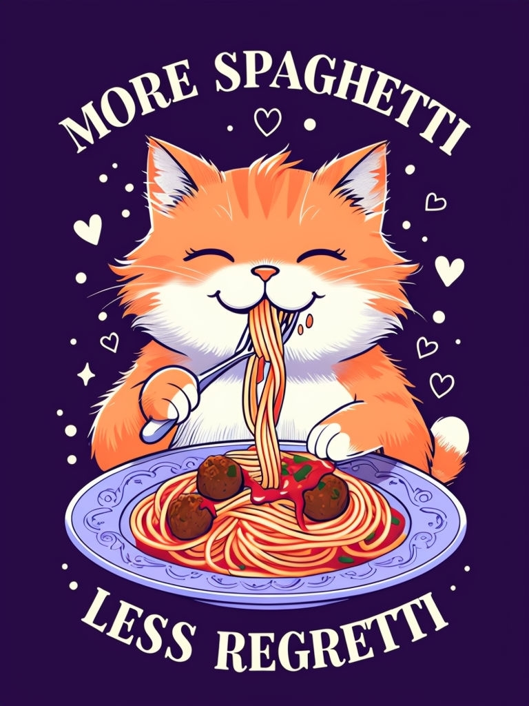 Whimsical Orange Cat Enjoying Spaghetti with Fun Text Poster