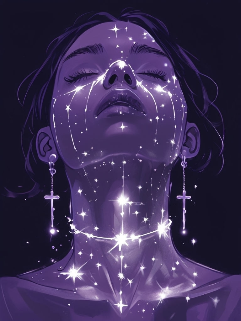 Surreal Celestial Face Illustration with Sparkling Crosses Art