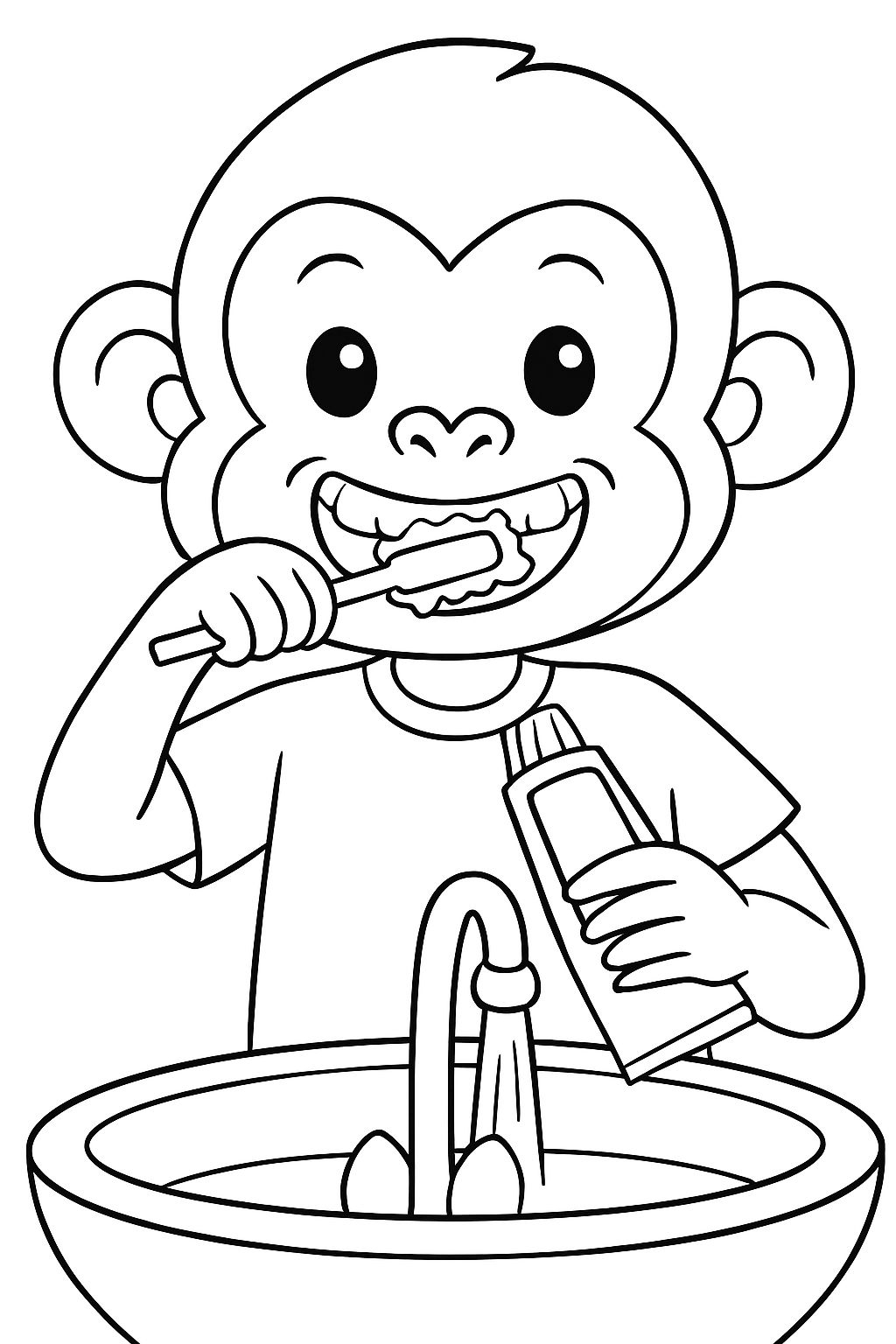 Friendly Cartoon Monkey with Toothbrush Coloring Page