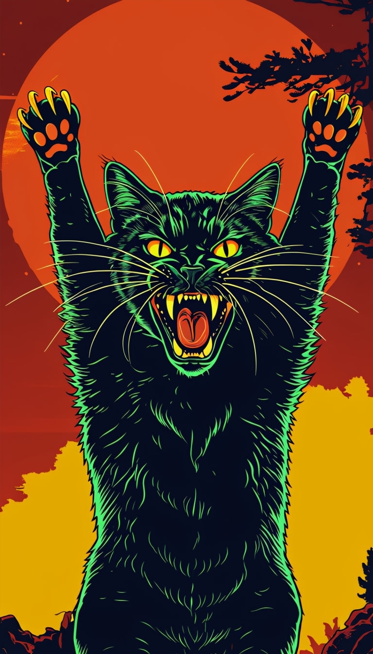 Aggressive Black Cat Illustration with Neon Green Details Mobile Wallpaper