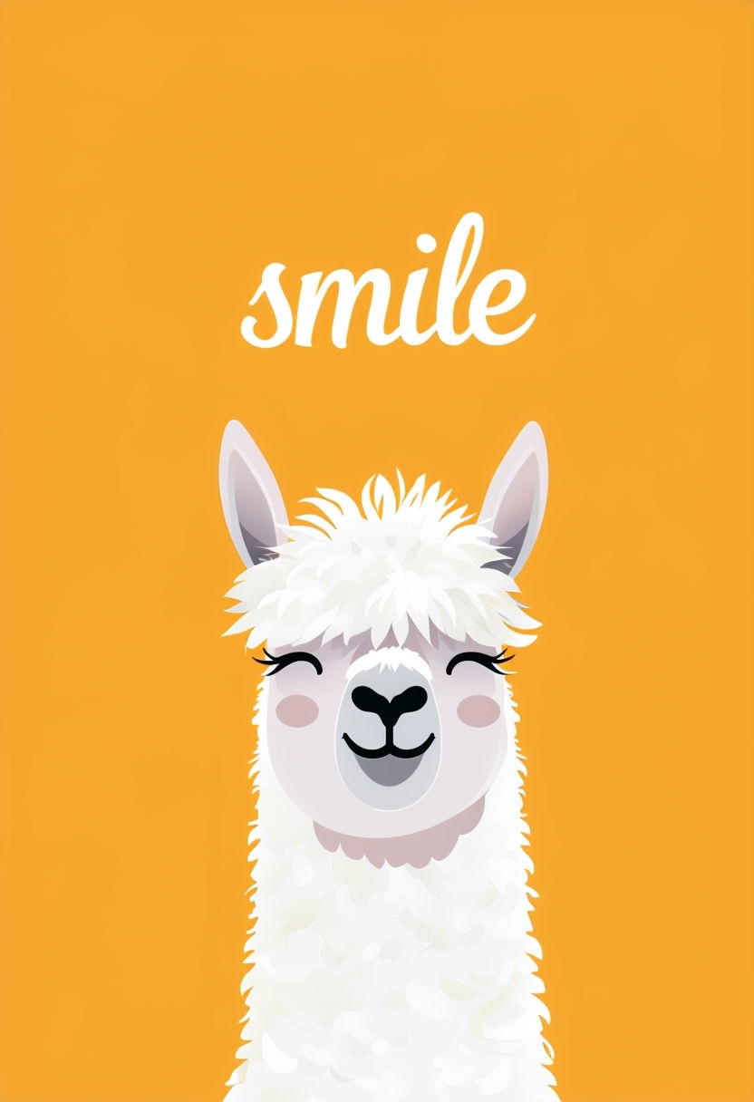 Cheerful Alpaca Character with Smile on Amber Background Poster