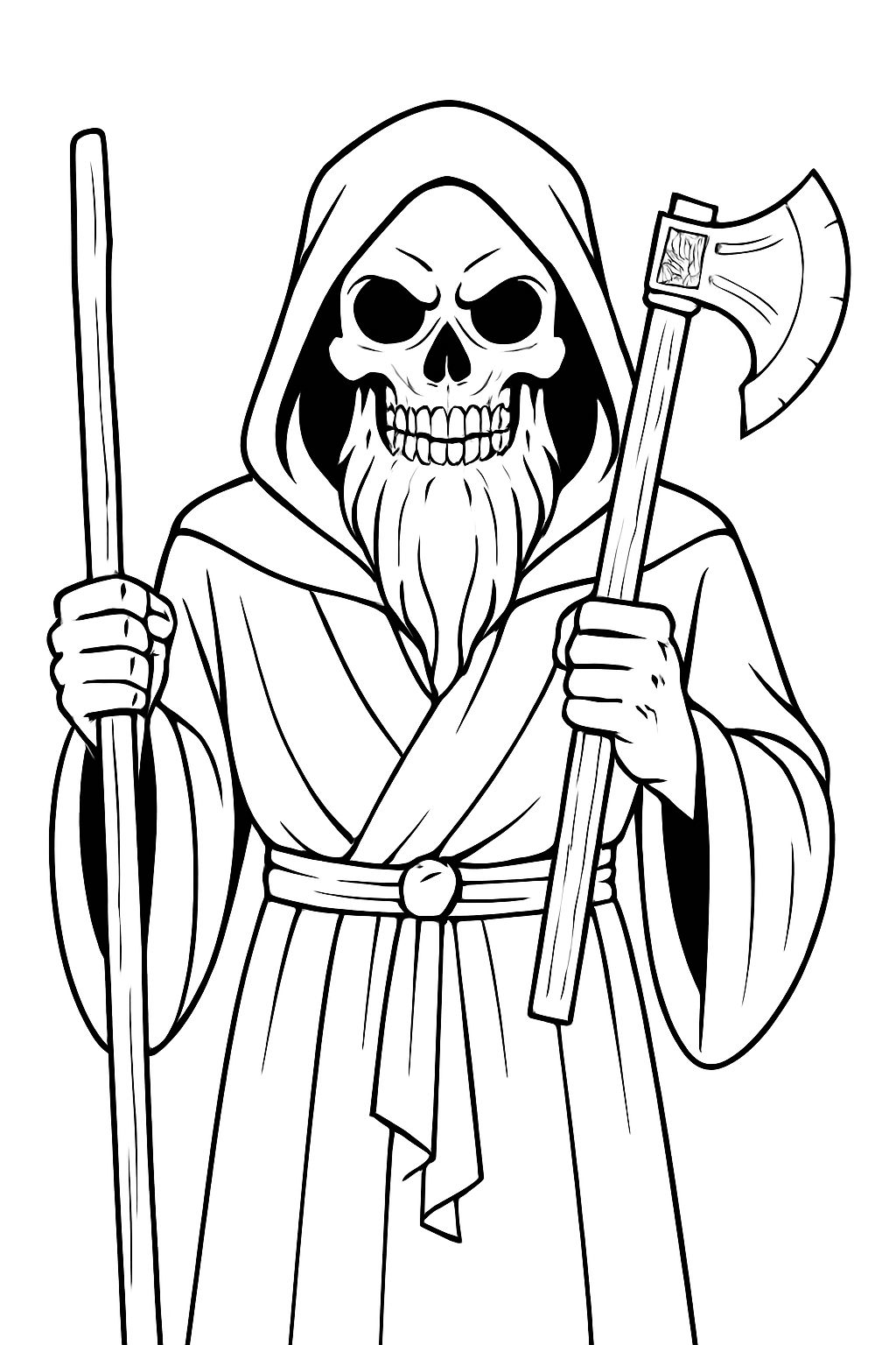 Eerie Cartoon Skeleton Figure with Staff and Axe Coloring Book Page