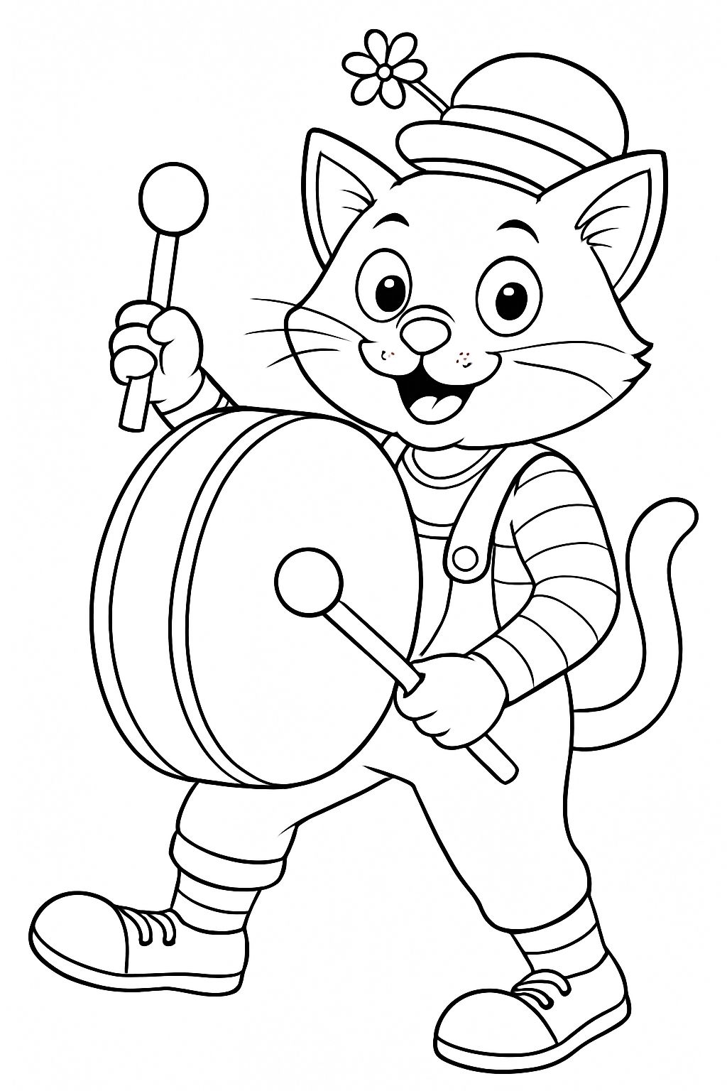 Playful Anthropomorphic Cat Character Drumming Coloring Page