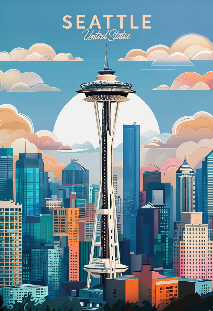 Vibrant Seattle Space Needle Cityscape Digital Illustration Poster