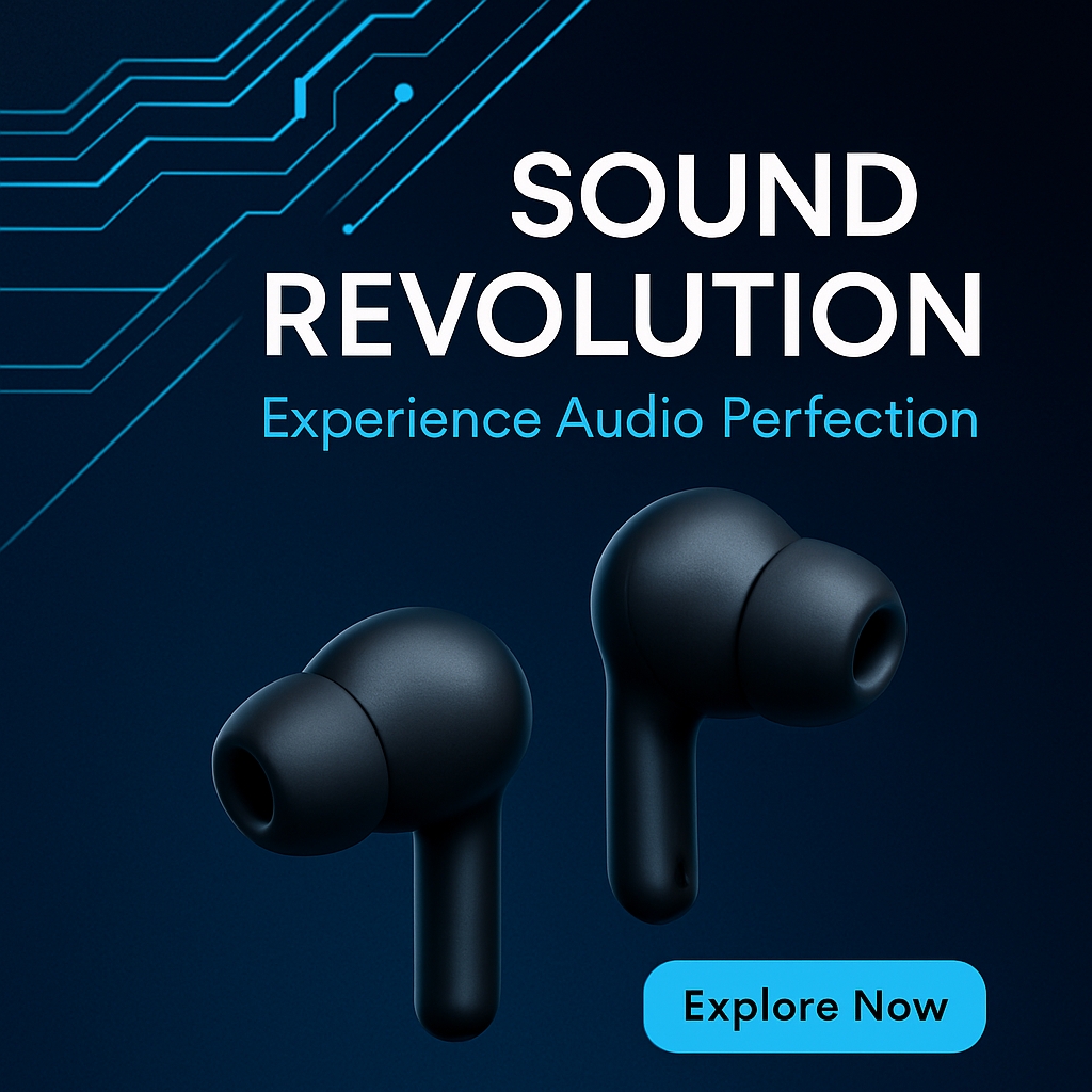 Modern Black Wireless Earbuds Advertisement Banner Design Ads