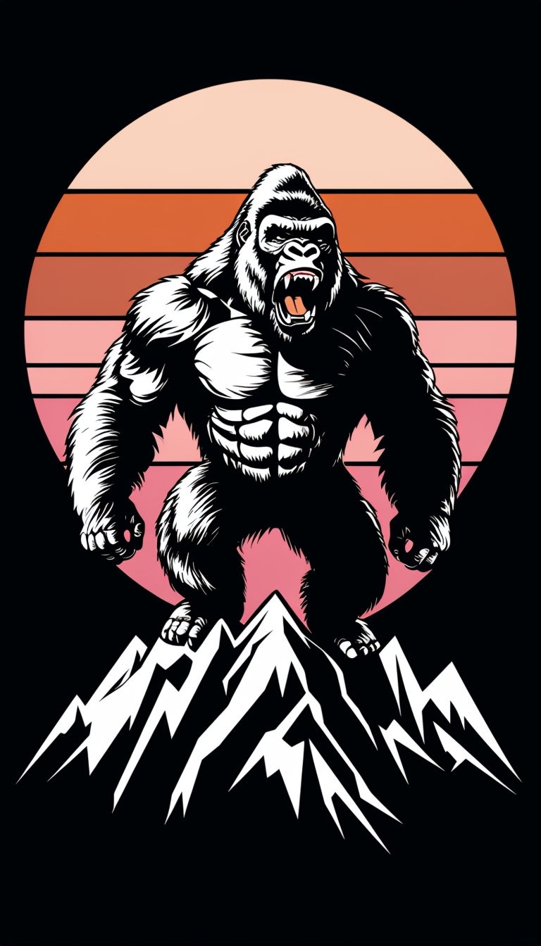 Powerful Black and White Gorilla Illustration on Mountain Peaks Mobile Wallpaper